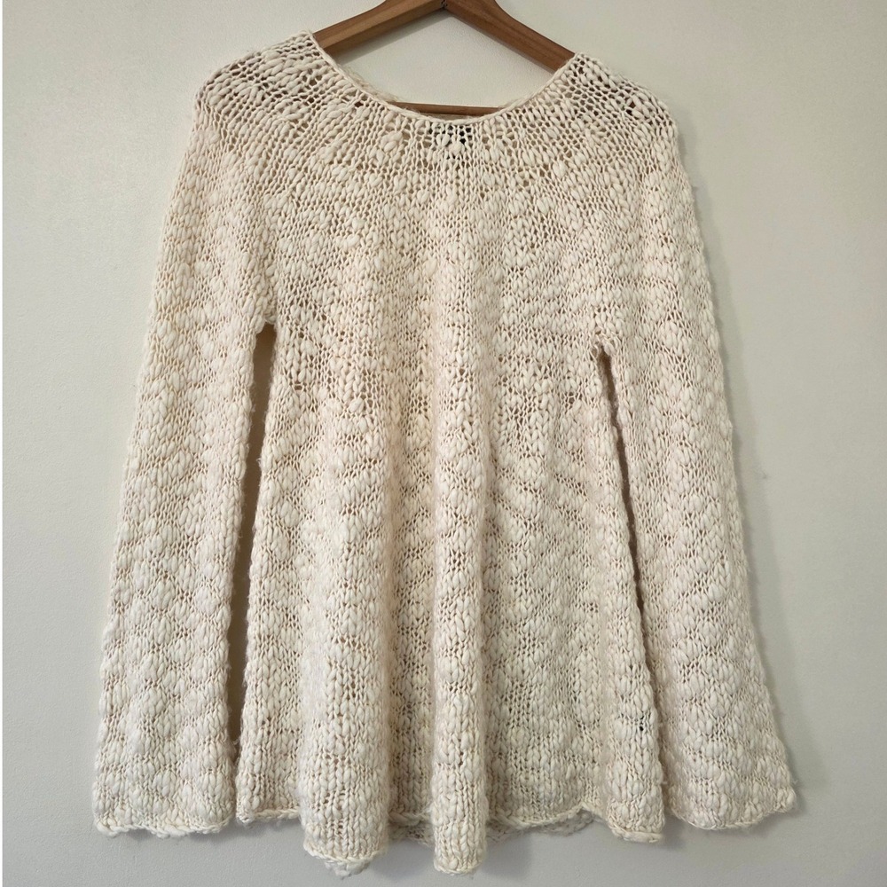 Calvin Klein Jeans Chunky Wool Blend Sweater Tunic Sz XL Boho Flare Sleeve Open - Picture 2 of 10